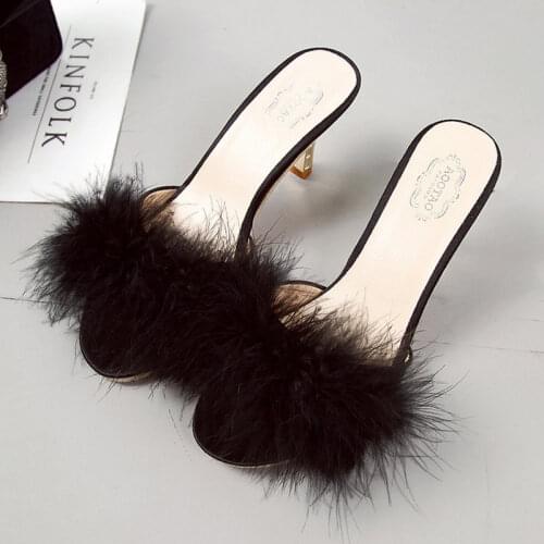 Comemore Women Slippers Summer 2021 New Fashion Hairy Stiletto Sandals Slippers Women Open Toe High Heel Slippers Women Shoes
