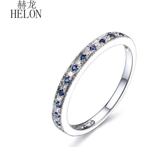 HELON Solid 14K White Gold Genuine Sapphire Diamond Engagement Ring Women Fine Jewelry Half Eternity Gemstone Diamond Ring