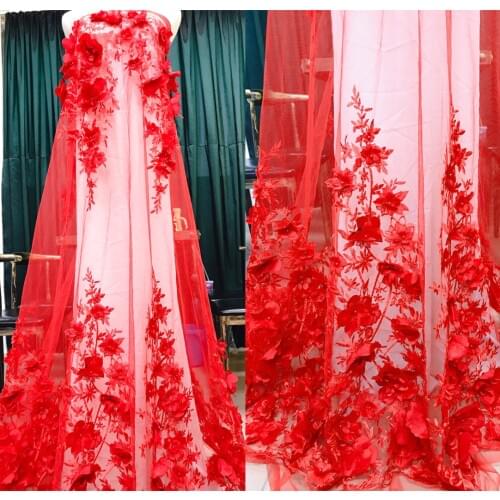Big red pink white three-dimensional flower wedding dress embroidery lace fabric