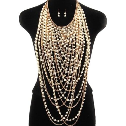 Multi-layer tassel necklace super long pendants necklaces women pearl choker necklaces body jewelry gold chains necklace