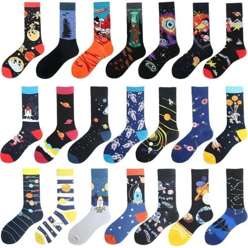 Fashion Happy Funny Unisex Painting UFO Astronaut Space Rocket Star War Men Crew Socks Streetwear Cotton Male Skateboard Boys