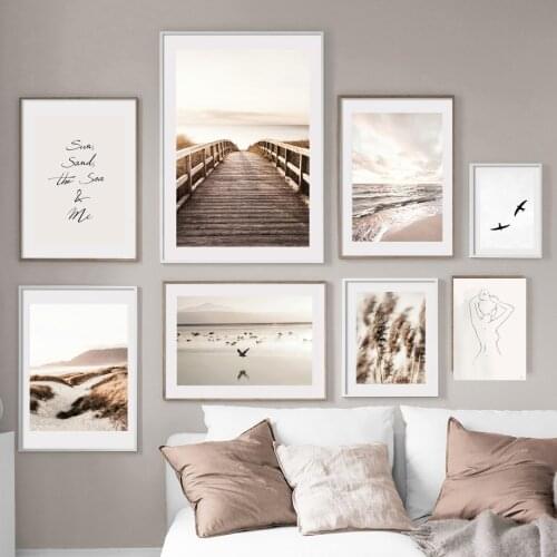 Bridge Beach Bike Bird Beige Grass Sunset Wall Art Canvas Painting Nordic Posters And Prints Wall Pictures For Living Room Decor