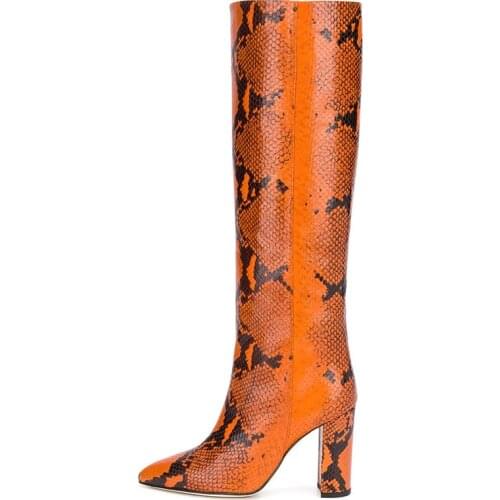 New Brand Womens Long Boots Snake Pattern Genuine Leather Pointed Toe Square Heel Knee-high Boots Leopard Rome Shoes Botas 2020