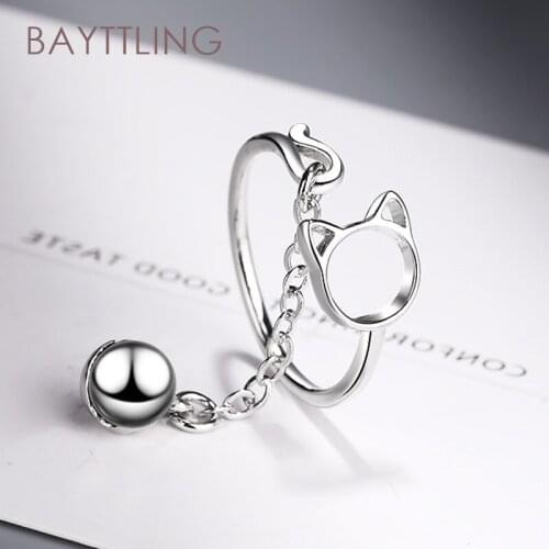BAYTTLING 925 Sterling Silver Cat Bell Open Ring For Woman Fashion Wedding Jewelry Gift Couple Ring