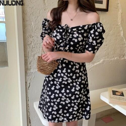 NIJIUDING Dress for Women 2020 Summer Sexy Short Sleeve Strapless V-Neck Receive Waist Slim Vintage Pullover Mini Dresses Female