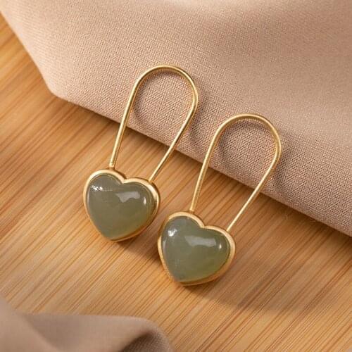 S925 Sterling Silver Love Heart Earrings Palace Museum Natural Hetian Jade Heart-Shaped Gray Jade Earrings Super Mori Vintage E