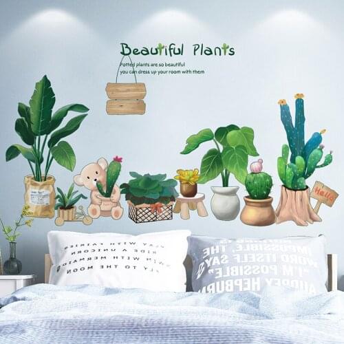 [SHIJUEHEZI] Green Potted Plant Wall Stickers DIY Pot Culture Mural Decals for Living Room Kids Bedroom Kitchen Home Decoration