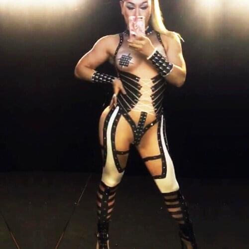 Nude sexy train road punk elastic jumpsuit nightclub concert singer dancer costume