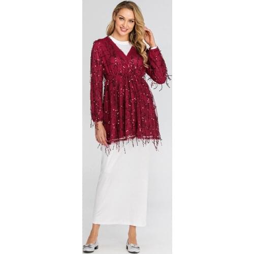 High-end Sequin Tassel Blouses S To 3XL Plus Size Shirts Women Tops Long Sleeve V-neck Long Casual Blusas Mujer TA2243