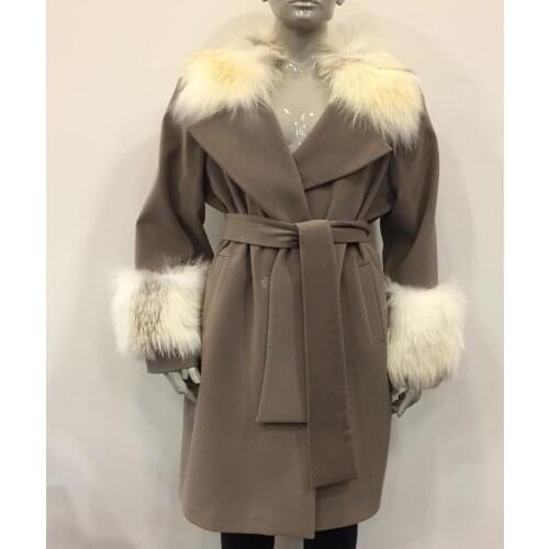 Womens Real Cashmere Winter Long Parka White Fox Collar Cuff Wool Plus Size Casual Naturel High Quality Elegant Outerwear Coat