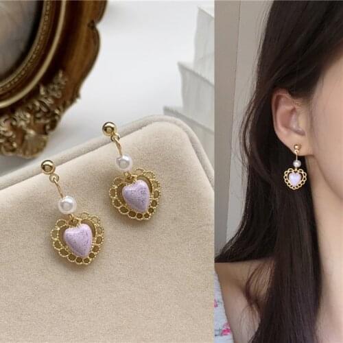 Vintage Romantic Purple Heart Pearl Drop Earrings Korean Hollow Cute Love Pendent Earring for Women Girls Lover Ear Jewelry Gift