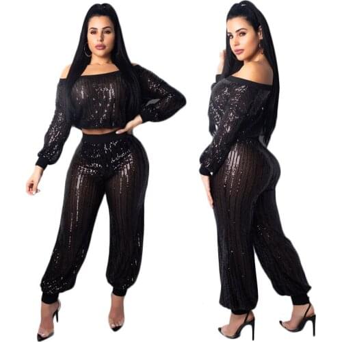 Stripe Sequins Sheer Two Piece Set Rompers Women Sexy Slash Neck Off Shoulder Lantern Sleeve Crop Top Bloomers Pants Club Outfit