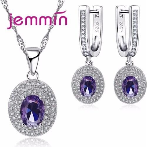 Elegant 925 Silver Jewelry Sets For Woman Gift With Dark Purple Crystal Bridal Wedding Pendants Necklace And Earrings Set