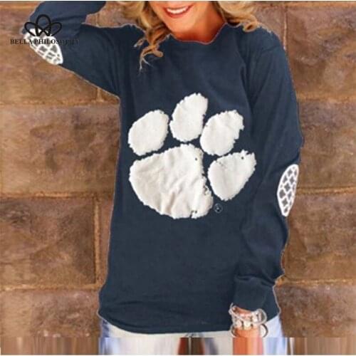 Bella Philosophy 2019 Spring and Autumn Women Casual Print Tops Long Sleeves O-Neck Tees Tops Female Bear Paw Print Tops