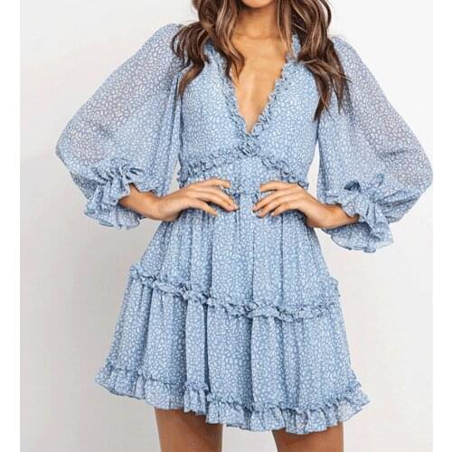 Summer Dress For Women Floral Print Deep V-neck Ruffle Backless Long Sleeve Mini Dress Sundress Streetwear Women Dress