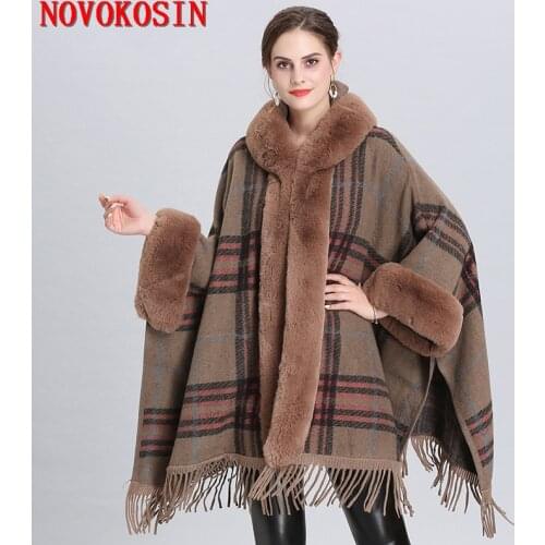 2020 Plus Size Women Faux Fur Collar Plaid Loose Coat Winter Thick Batwing Sleeve Long Cloak Lady Big Pendulum Cardigan With Hat