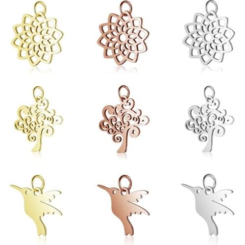 5Pcs/Lot New Stainless Steel Flower Tree Birds DIY Pendants Charms For Necklace Earring Dangles Jewelry Making Charm Wholesale
