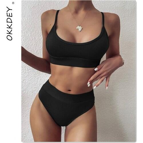 High Waist Bikinis Ribbed Womens Swimwear 2021 Push Up Swimsuits High Cut Sexy Bathing Suits Solid Biquini 2021 New Beachwear