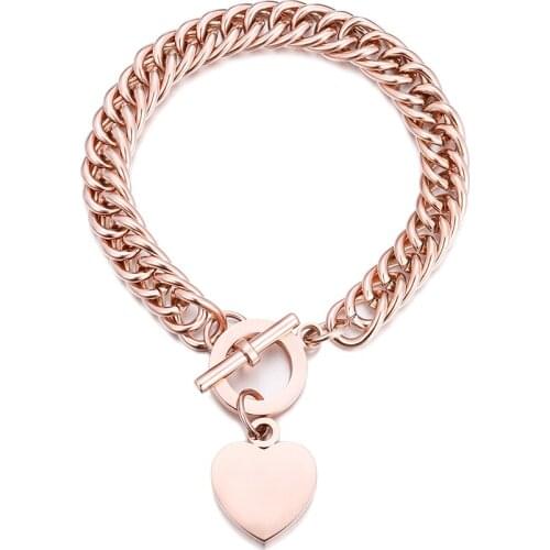 Rose Gold Stainless Steel Bracelets for Women Men Heart Charm Wide Figaro Chain Bracelet Jewelry Lover Cool Gift