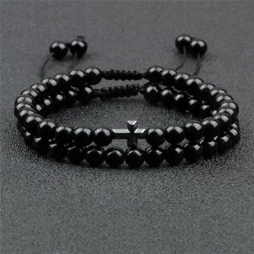2pcs/set Natural Beaded Bracelets Simple Handmade Adjustable 6mm Lava Stone Tiger Eye Cross Bracelet For Men Women Weave Jewelry