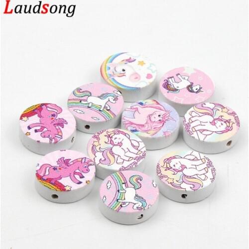 20Pcs 20mm Mixed Unicorn Natural Wooden Round Beads For Jewelry Making Necklace DIY Bracelet Loose Spacer Woodwork