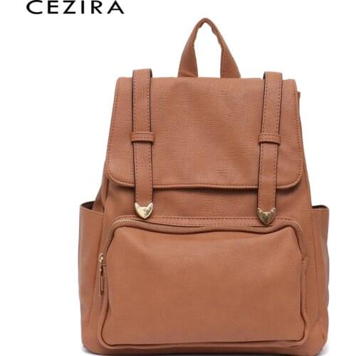 CEZIRA Fashion Style PU Leather Backpack For Women Functional Pocket Teenage School Bag Shoulder Bag Female Daily Vegan Knapsack