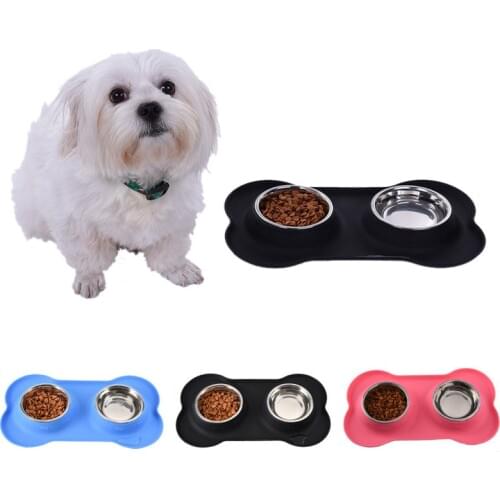 Cat Dog Double Bowls Mat Pet Bowl Universal Silicone Bone Stainless Steel Anti-Slip Anti-Spill Skid Resistant Pets Supply
