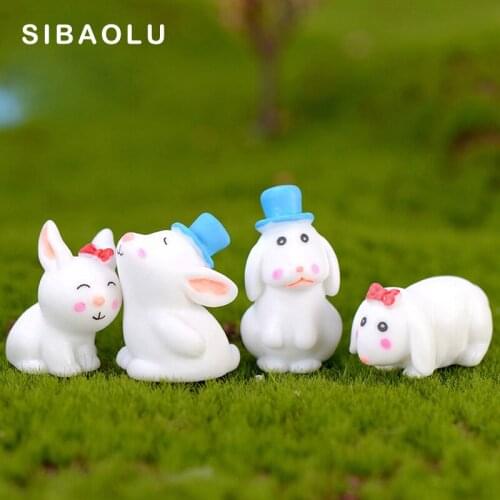 2pcs Lover White Rabbit Figures Dating Miniature figurine wedding decoration doll fairy garden statue Home Gift Moss garden