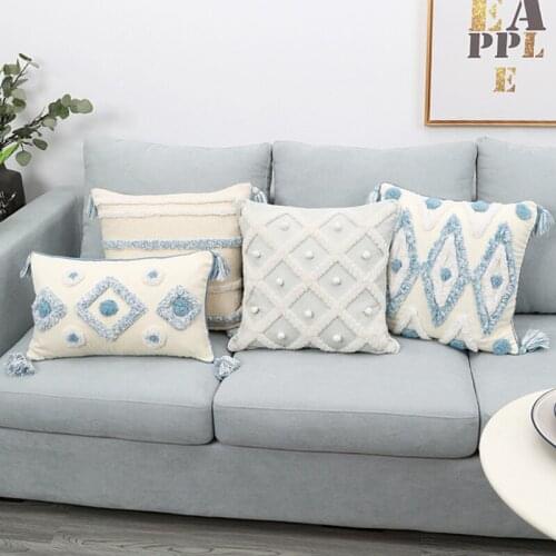 Household Pillow Blue Style Tufted Pillowcase 45*45CM Morocco Tufted Throw Pillow Case with Tassels Boho Car Cushion Covers