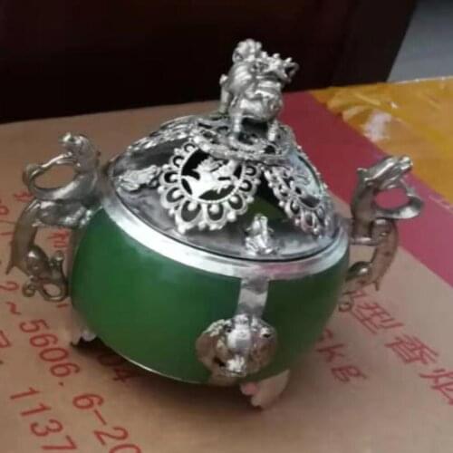 Collection of rare sculpture animals handicrafts household kettle ancient kettle green double dragon Silver Lion incense burner