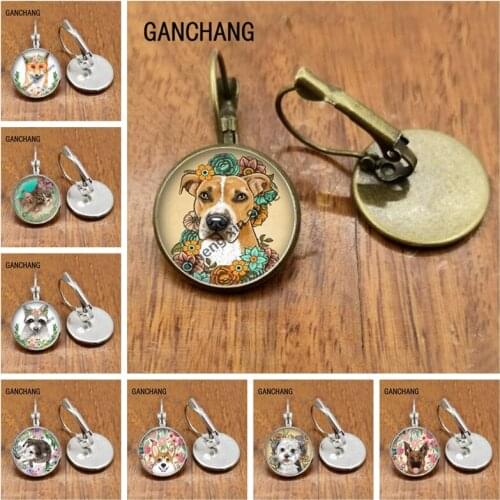 Animal round glass pet dog cat wolf fox image with flower crown convex round glass earrings