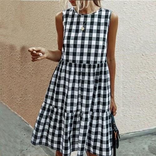 Summer Dresses For Women Casual Loose Plaid Print Ruffled Dress Prairie Chic Sleeveless Ladies Dress Vacation 2021 Sundress