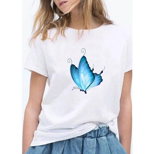 Fashion Butterfly Print Short Sleeve Tshirt Women Literary Casual T Shirt Girl Summer Basic T-shirts Tees Vintage Ropa Mujer