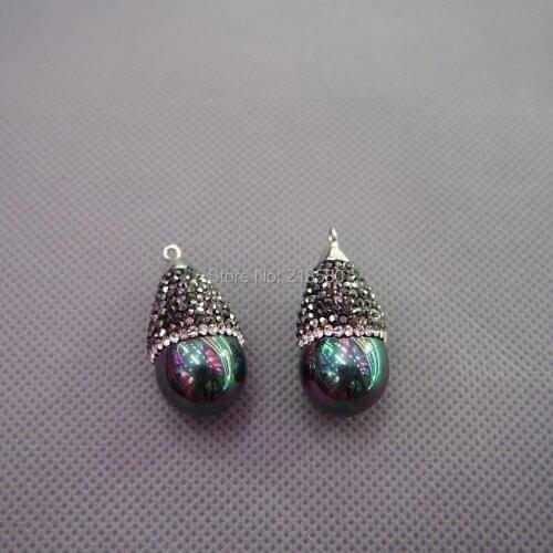 MU150907852 Pave CZ Shell Pearl Charm Pendant Rainbow Pearl Teardrop Pendant