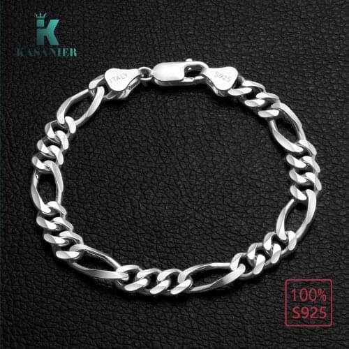 KASANIER S925 Sterling Silver Bracelet Men 4-8MM Sideways Chain Fashion Jewelry Figaro Chain Bracelet Best Gift With Certificate