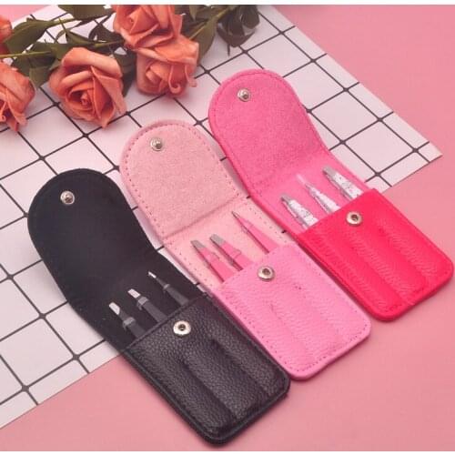 3PCS Eyebrow Tweezers Stainless Steel Point Tip/Slant Tip/Flat Tip Hair Removal Makeup Tool Kit with Bag Bag Case Fashion Tool
