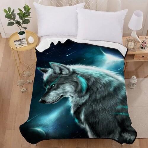Wolf Blanket 3D Wolf Under Twikkle Stars Sky Blue Printed Boys Fleece Blanket Black Blue Sherpa Blanket for Kid Boy 150x200cm