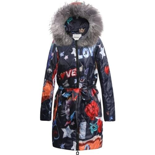 Large Size Parkas Printed Retro Women Cotton Coat 2021 New Winter Hooded Fur Collar Warm Fashion Women Cotton Jacket NBH180