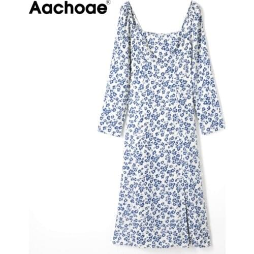Aachoae Women Retro Floral Print Midi Dresses 2021 Long Sleeve Split Chic Dress Female Square Collar Elegant Party Dress