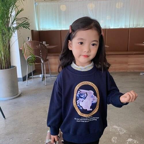 Mila Chou 2021 Spring Autumn Boy Girls Casual O-neck Rabbit Pattern Navy Hoodie Sweater Children Cotton Top Crew Neck Pullover