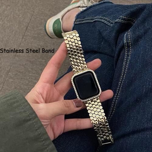 Metal Fish Scale Bands For Apple Watch 6 se 44 42mm For Apple Watch Series 5/4/3/2 38mm 40mm Stainless Steel Strap+Diamond Case
