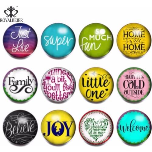 RoyalBeier 12pcs/lot Believe Love Theme Glass Charms 18mm Snap Button Jewelry For 20mm Snaps Bracelet Snap Jewelry KZ0794
