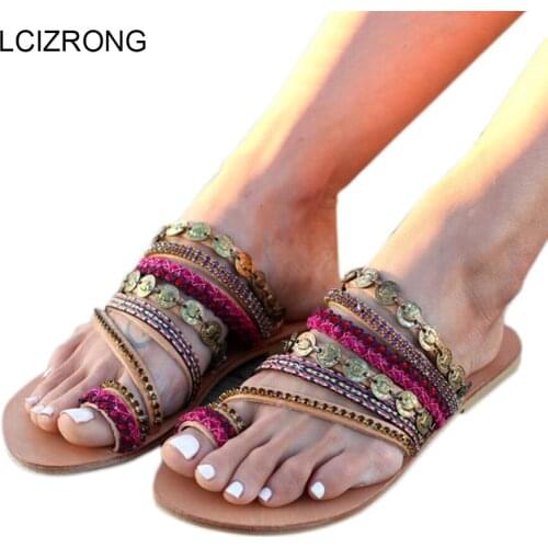 LCIZRONG Summer Hand Made Flat Slides Women 34-43 Large Size Beach Bohe Metal Decoration Slides Clip Toe Slapping Women Slippers