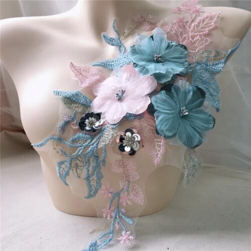 Blue Pink Embroidery 3D Tulle Lace Neckline Sequins Applique Lace Collar Trim DIY Rhinestone Dress Craft Material Accessories
