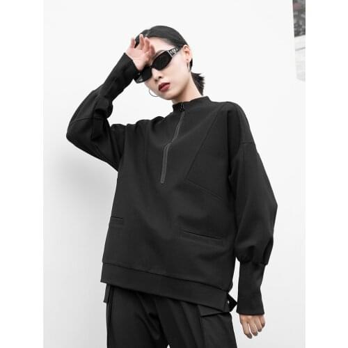 2021 spring new original designer T-shirt collar zipper loose sweater womens large size slim top fashion