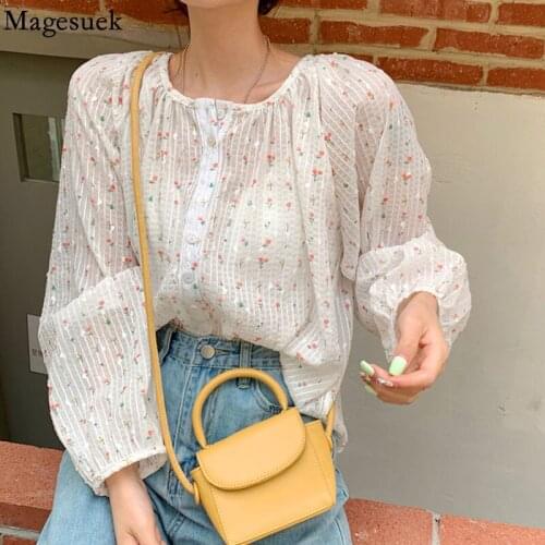 Summer Floral Casual Blouse Women Korean Loose O Neck Chiffon Shirts Ladies Long Sleeve Stripes Thin Top Female New Blusas 15906