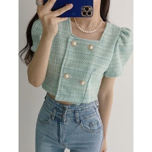 Summer Women Jackets 2021 Korean Fashion Chic Temperament Pearl Double-row Buckle Loose Bubble Sleeves Tweed Short Coat