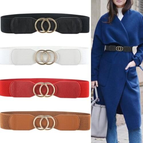 Goldliluo Womens Girdle Elastic Stretch Wide Waist Belts Double Rings Buckle Cummerbunds for Ladies Dress Coat Streetwear
