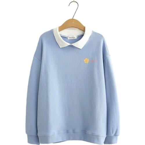 Women Sweatshirts Solid Floral Print Casual Pullover 2020 Autumn Long Sleeve Turndown Collar Korean Ladies Hoodies Basic Tops