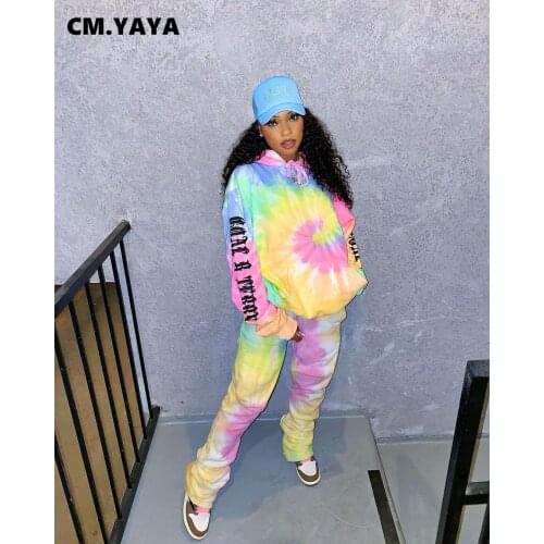 CM.YAYA Activewear Tie Dye Letter Womens Set Hoodies Tops Jogger Pants Matching Set Tracksuit Fitness Two 2 Piece Set Outfit